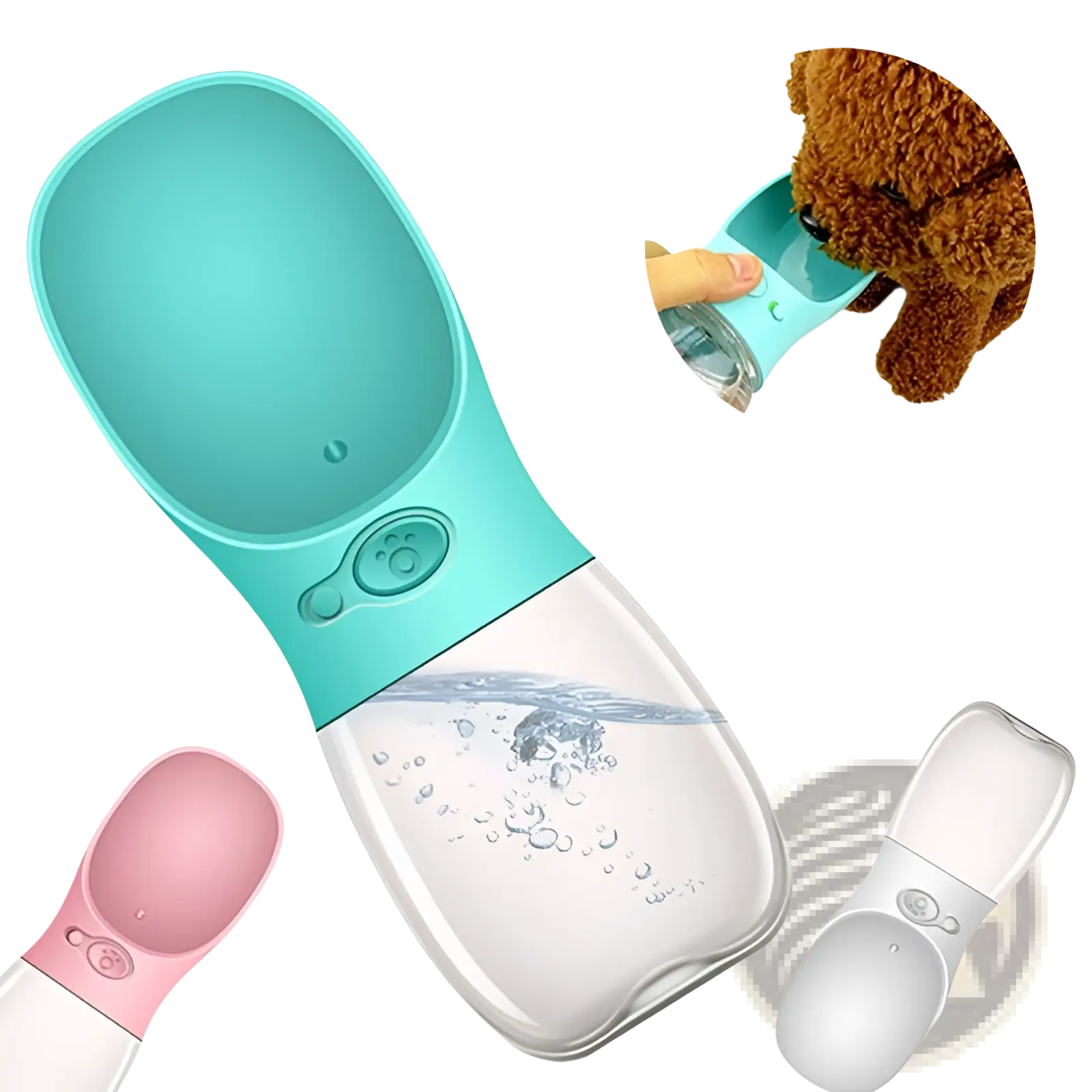 Turquoise silicone and transparent plastic pet water bottle with spout for easy drinking portable outdoor use