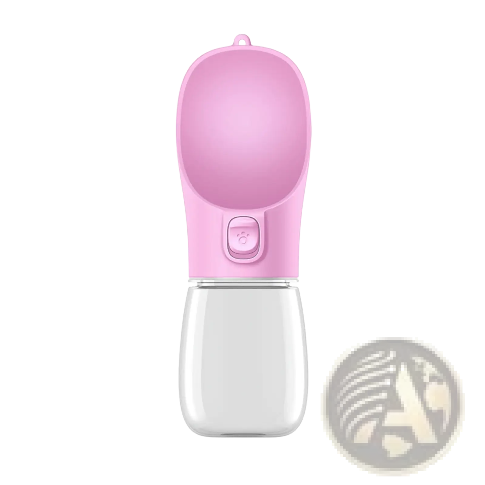 Pink silicone pet water bottle with clear plastic reservoir and button-controlled spout for portable travel use
