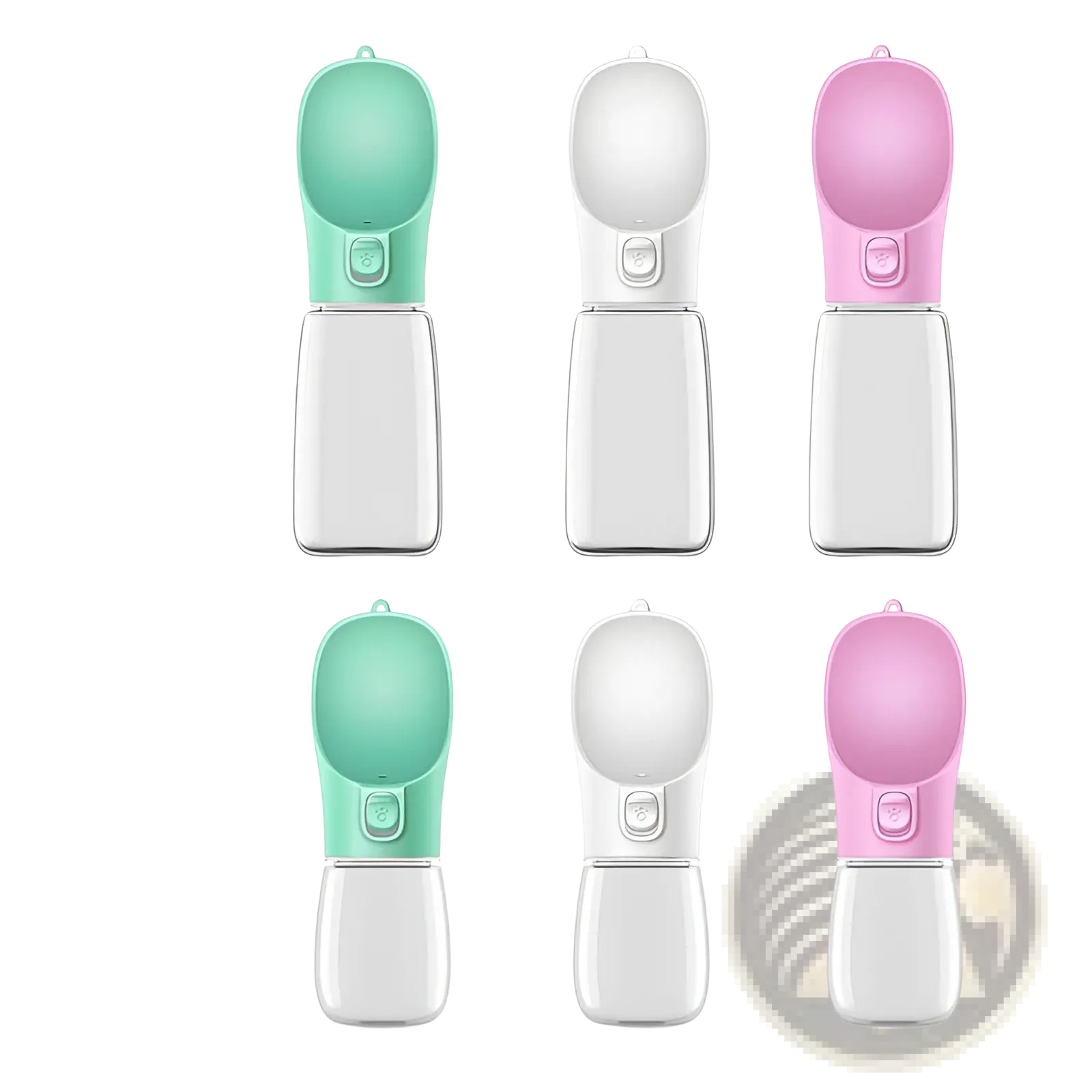 Pet water bottle portable travel cup with silicone tops in mint green white and pink and clear plastic bodies in 350ml and 550ml