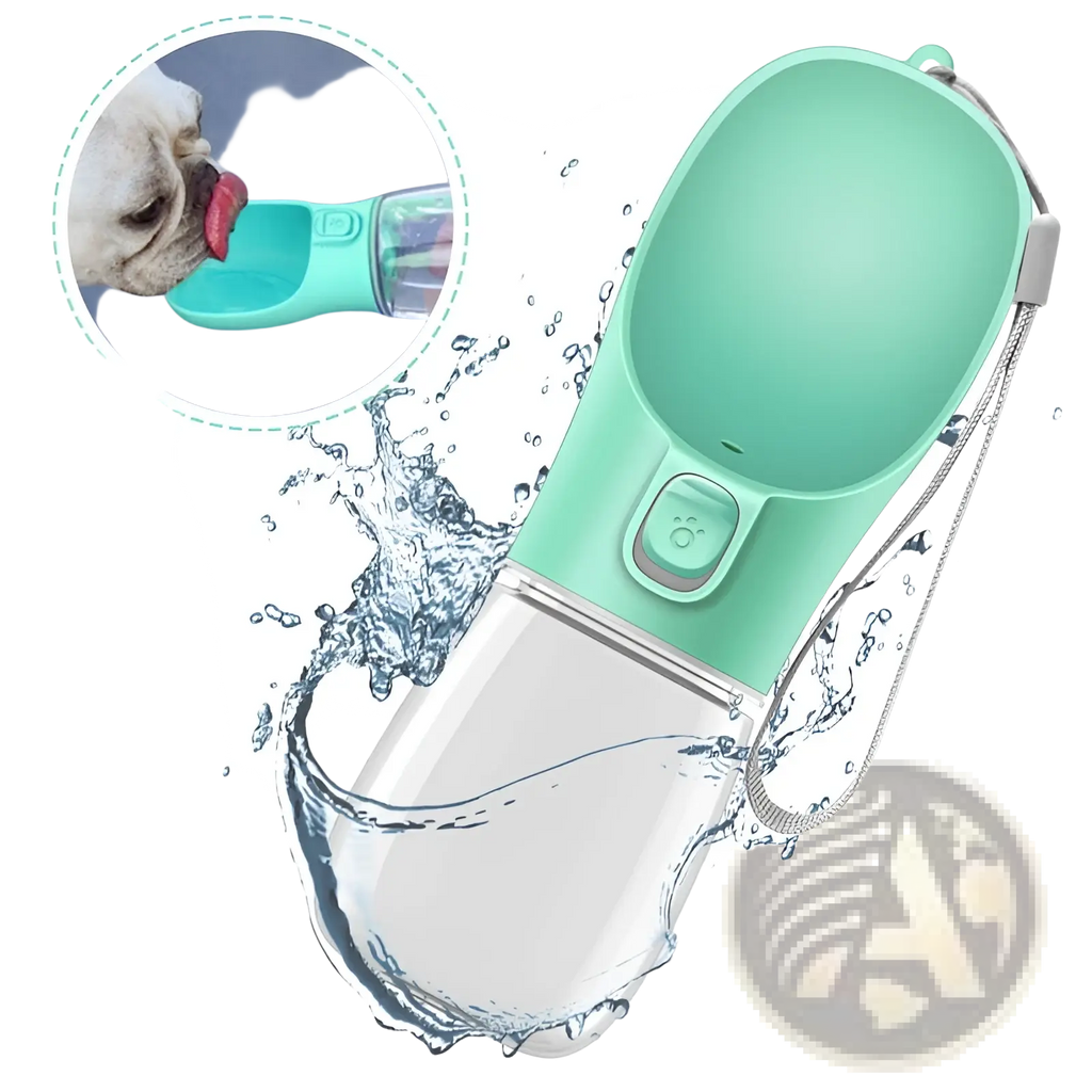 A sleek mint-green pet water bottle with a transparent lower section and integrated carrying strap for travel