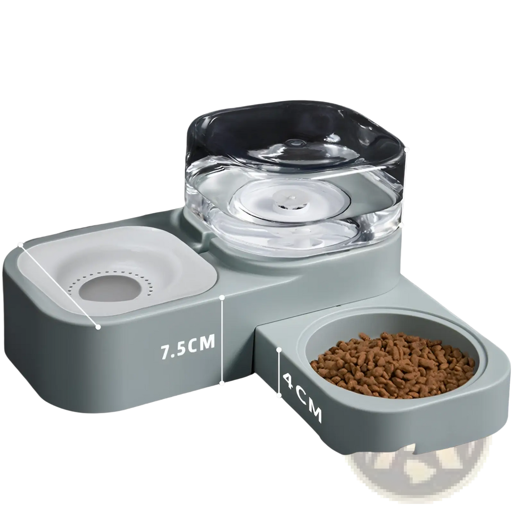 Modern pet water dispenser and automatic food bowl set with matte sage green base glass water bowl and white dish
