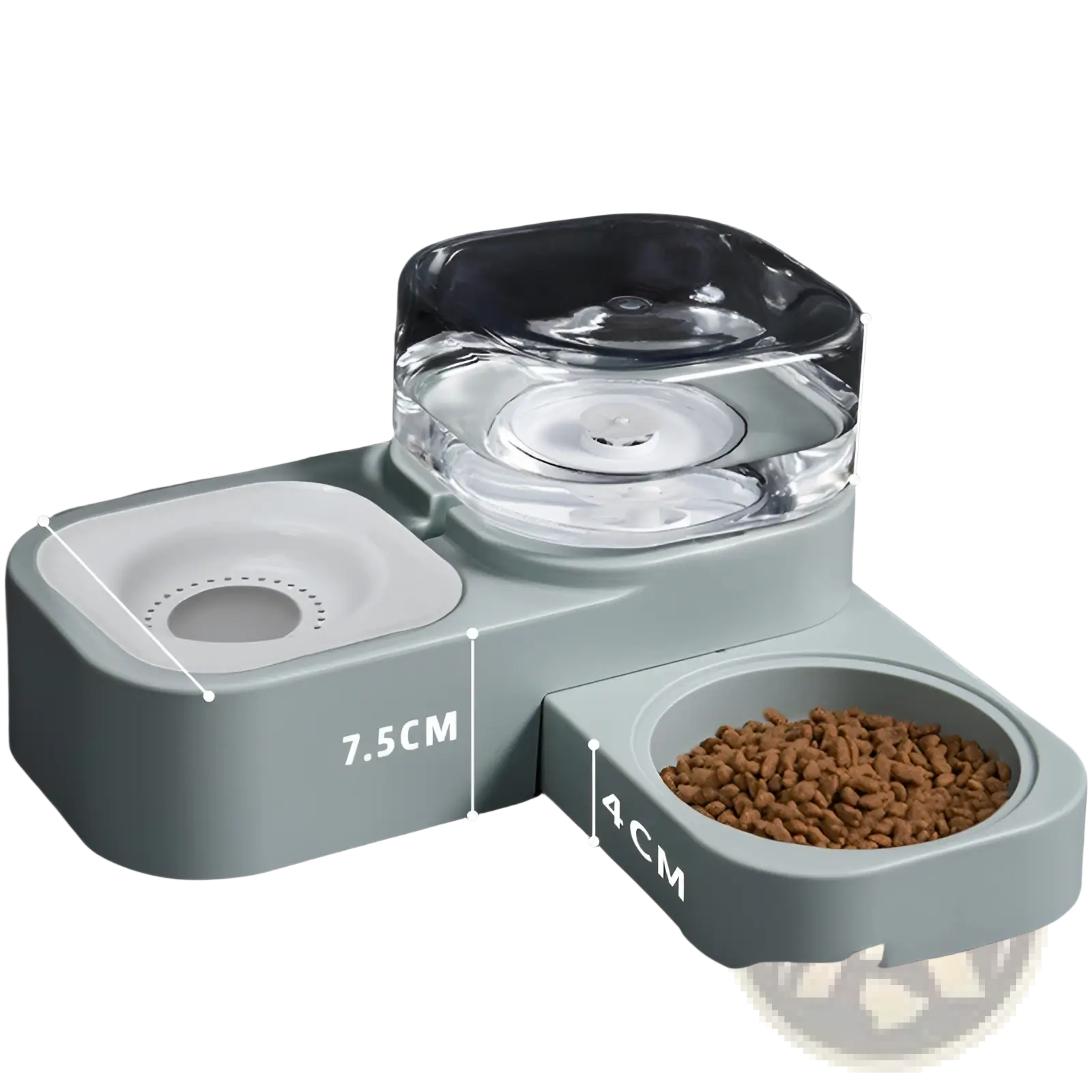 Modern pet water dispenser and automatic food bowl set with matte sage green base glass water bowl and white dish