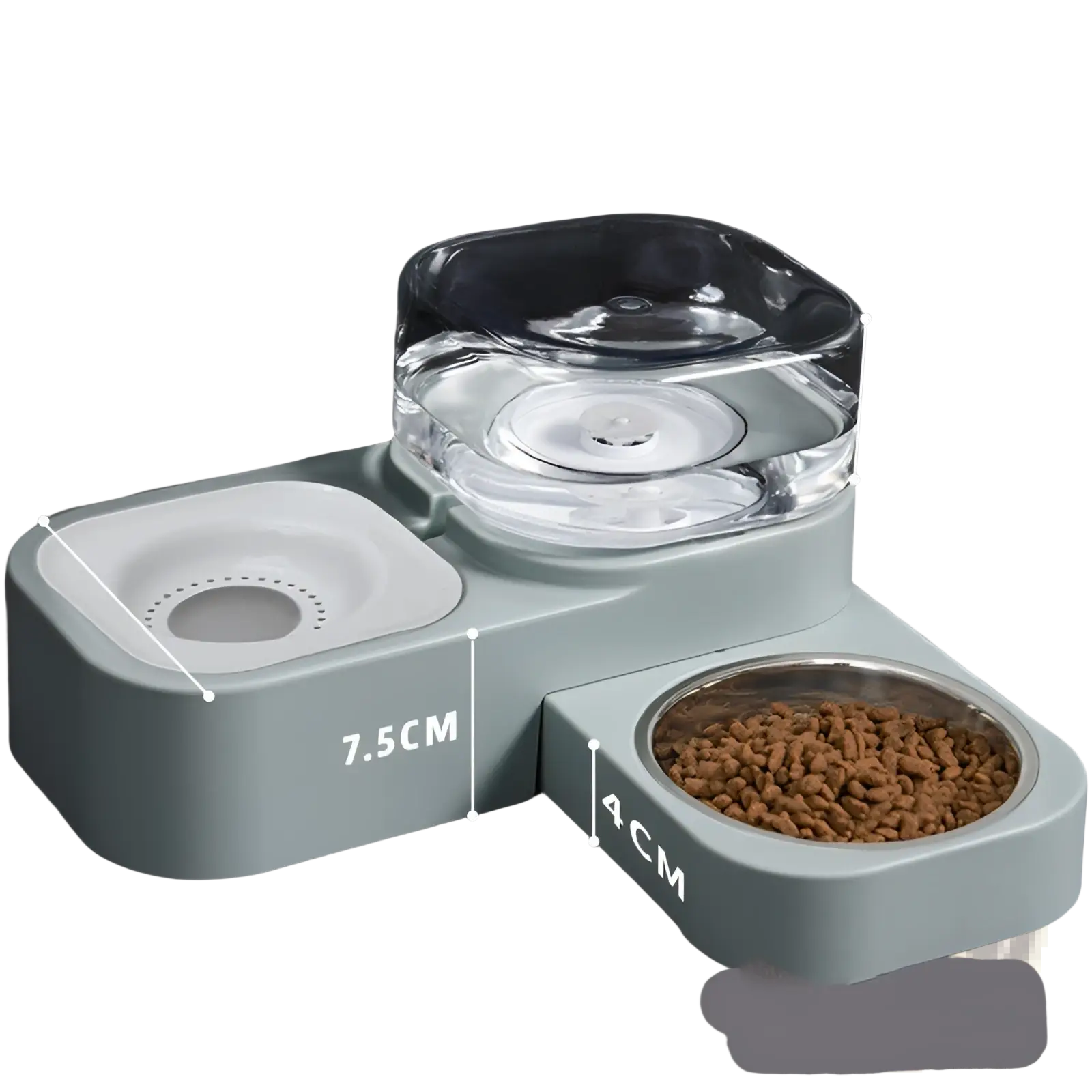 Modern pet water dispenser and automatic food bowl set with matte sage green base clear glass water bowl and stainless steel food dish