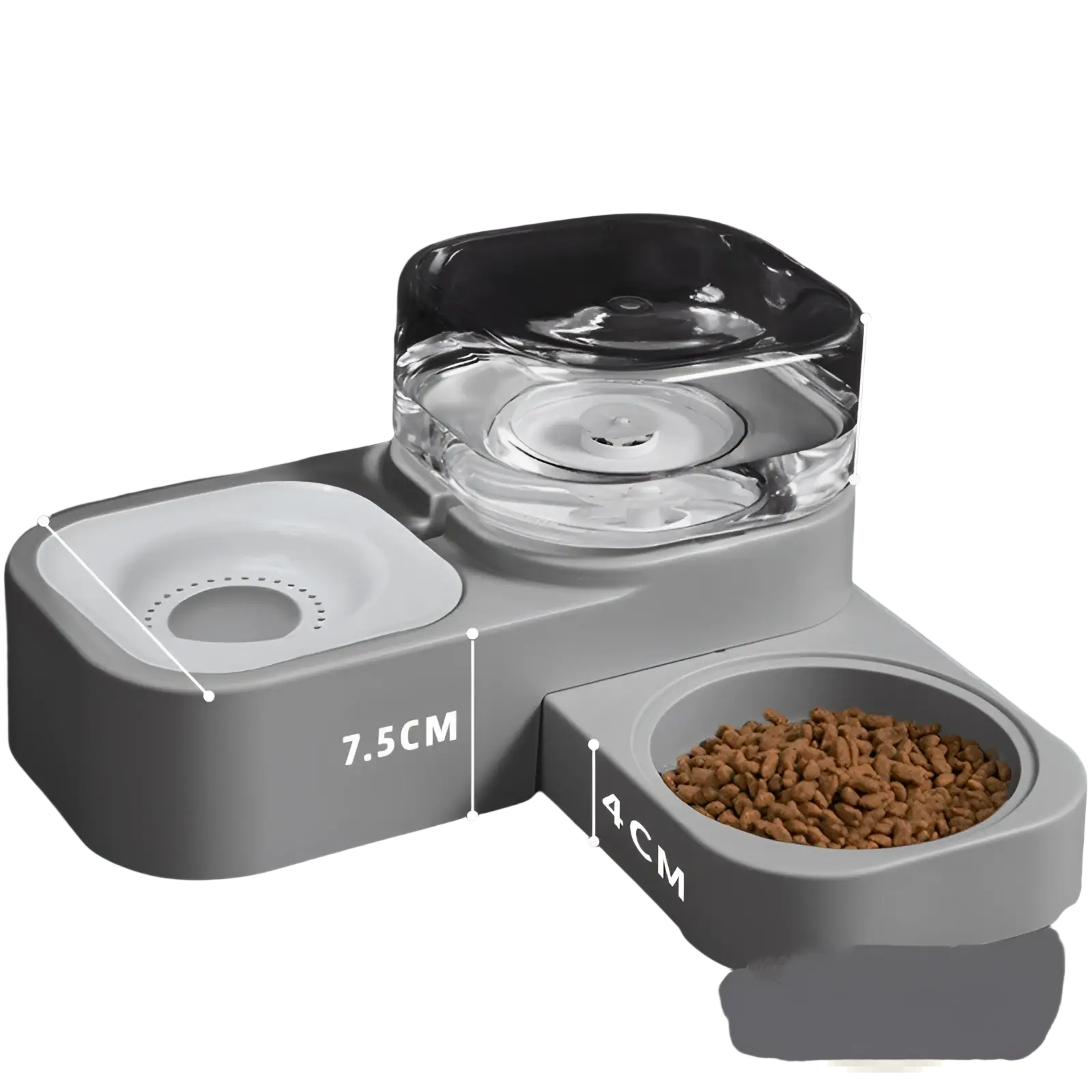 Gray pet water dispenser and automatic food bowl set with dual compartments featuring a glass water bowl and white dish