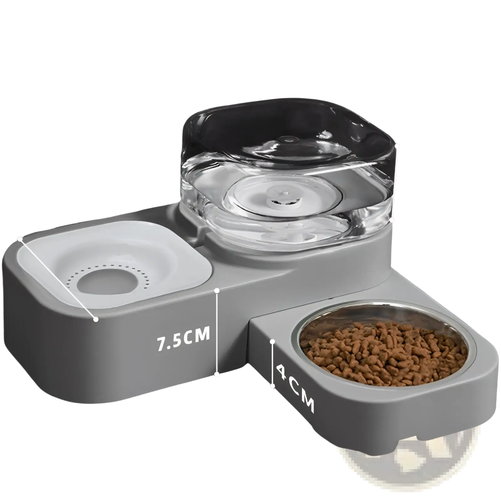 Gray plastic pet water dispenser and automatic food bowl set with clear glass water bowl and stainless steel dish