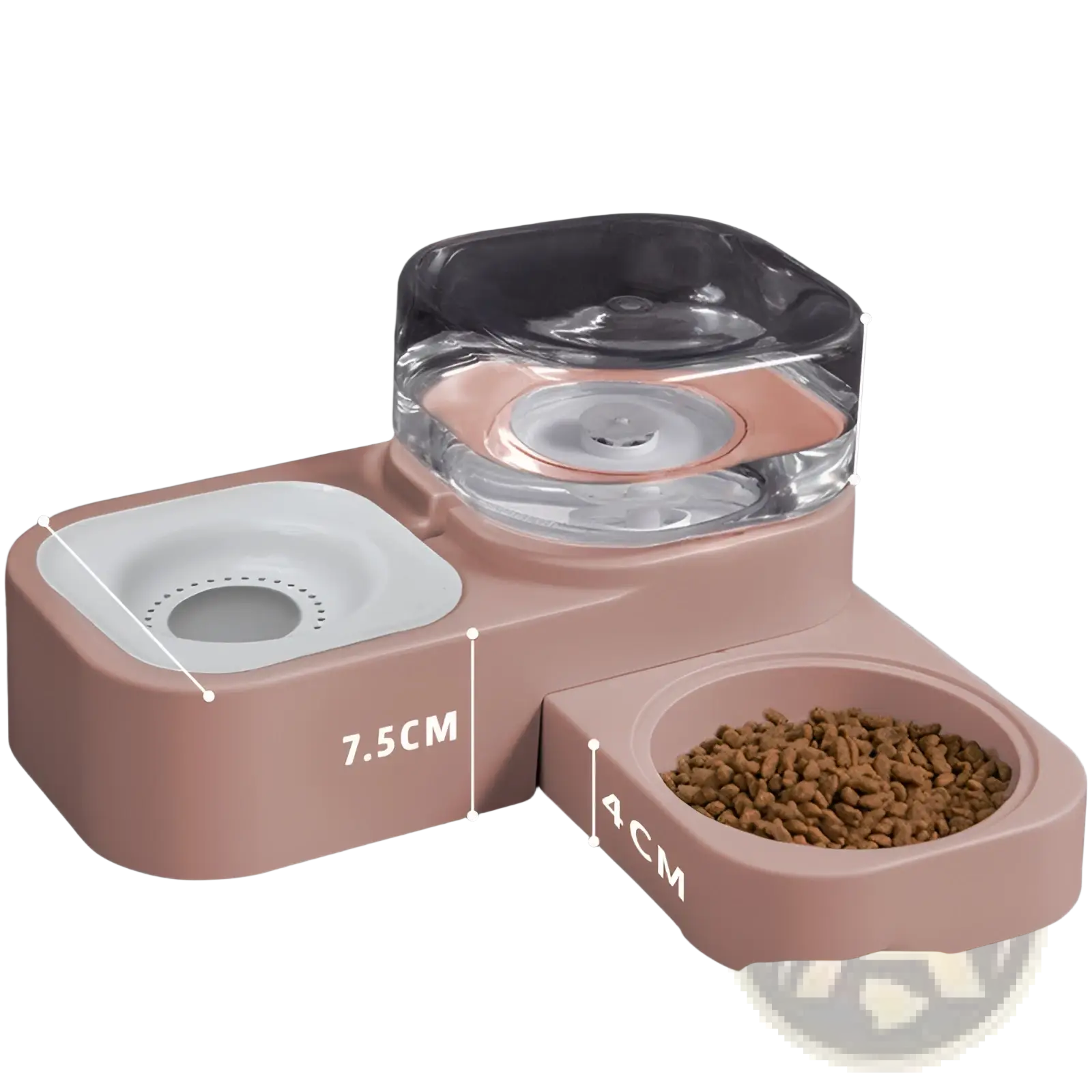 Pink plastic pet water dispenser with clear glass water bowl on top and two separate food bowls below for pets