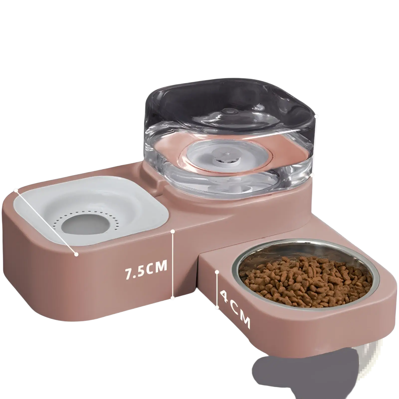 Pink dual-feed pet water dispenser and automatic food bowl set with clear glass water container and stainless steel bowl