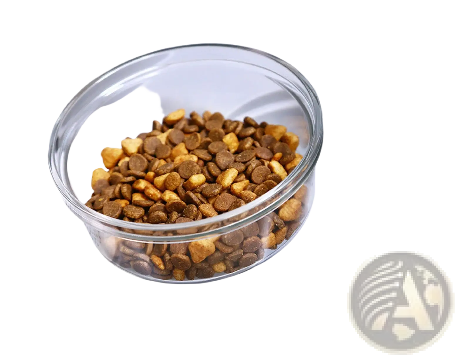 Clear glass bowl filled with brown and tan kibble in a pet water dispenser and automatic food bowl set