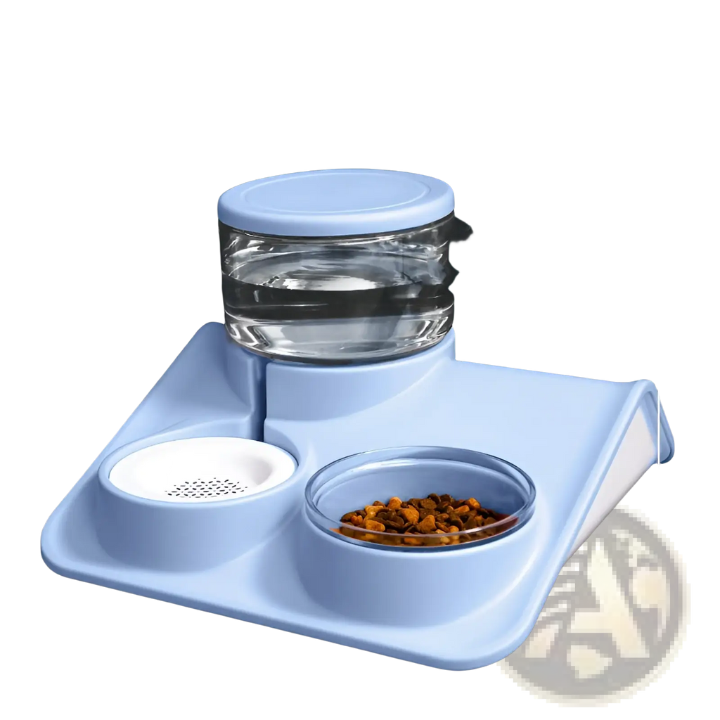 Light blue plastic pet water dispenser and automatic food bowl set with clear glass water reservoir and two bowls