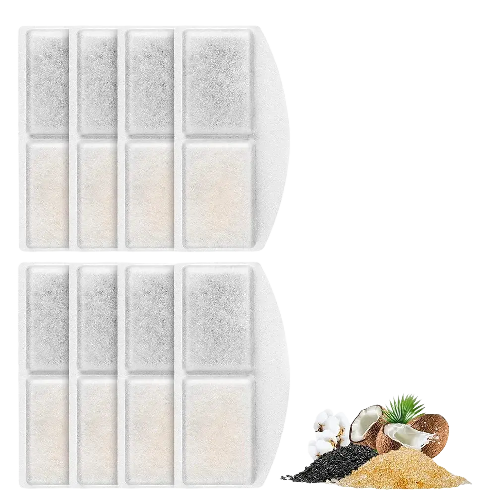 Two white rectangular pet water fountain filters with activated carbon and beige filtering compartments replacement set