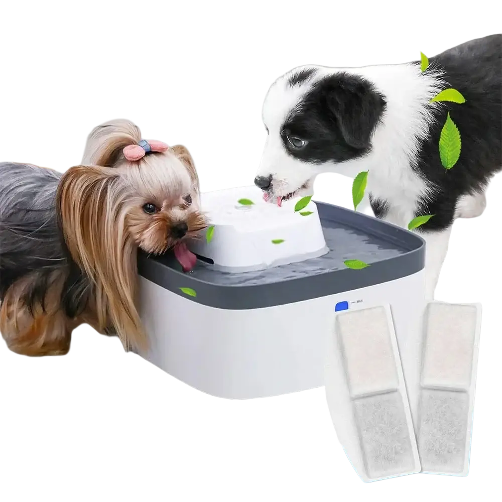 White and gray pet water fountain with activated carbon filter designed for dogs featuring a water feature