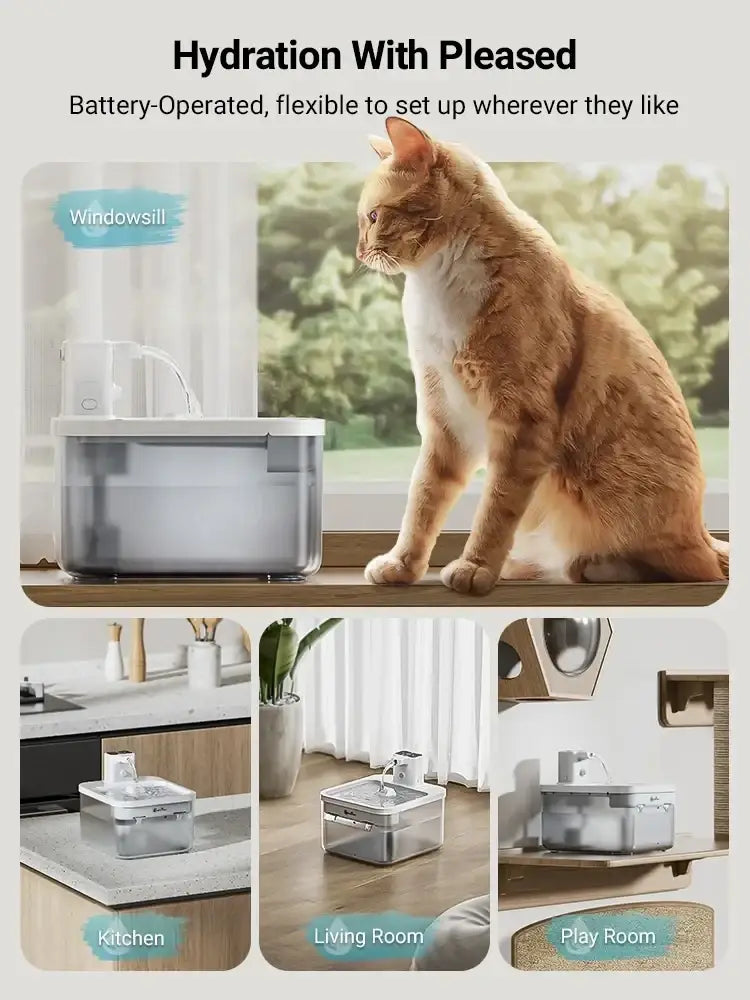A sleek white and transparent pet water fountain wireless motion sensor water dispenser with 2.5l battery reservoir