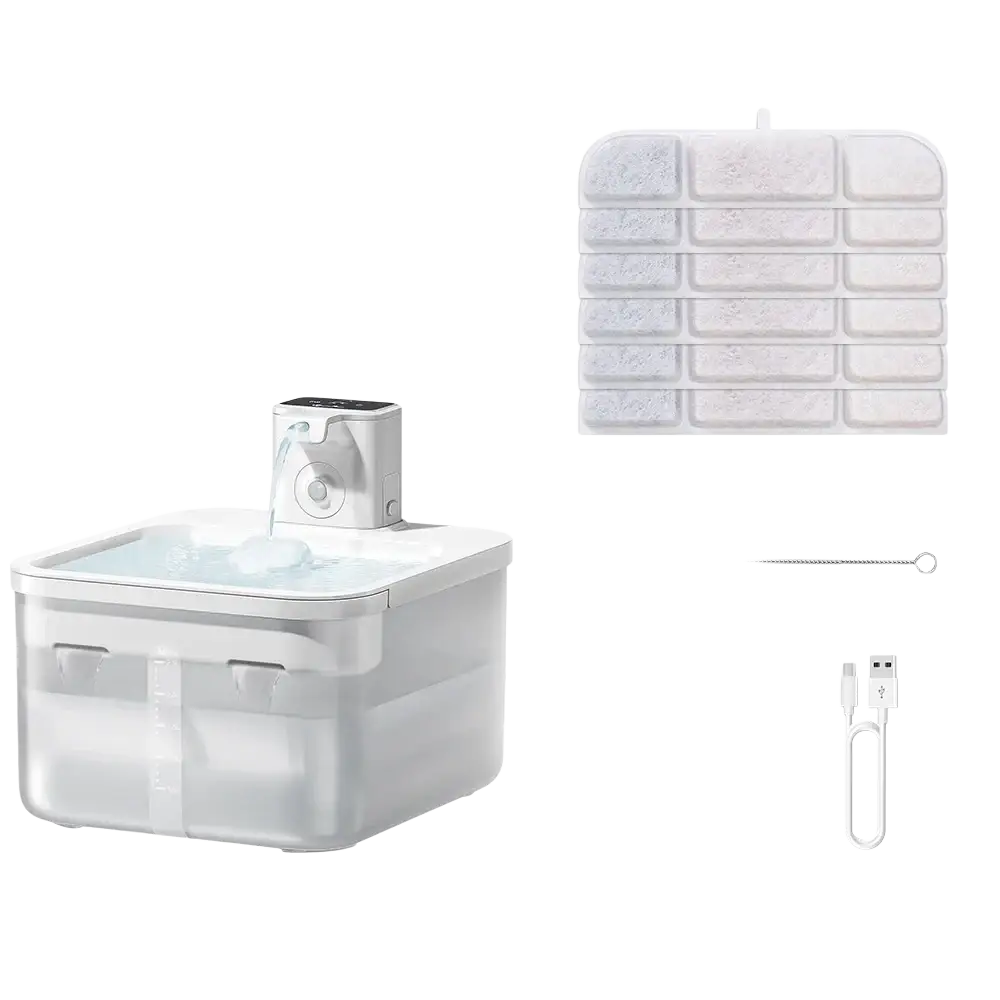 White plastic pet water fountain with wireless motion sensor and transparent reservoir water dispenser 2.5l capacity