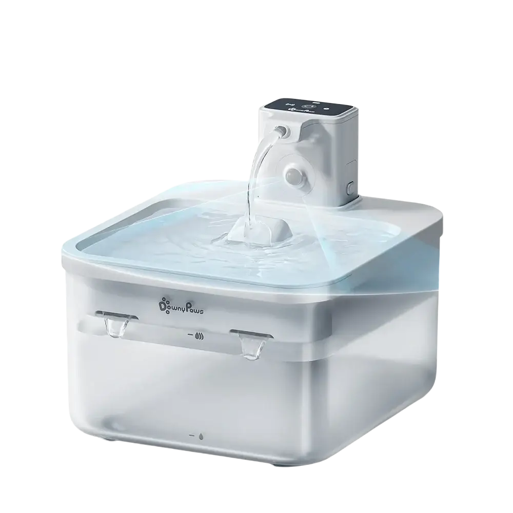 White plastic downypaws pet water fountain with 400mah battery and water flowing from top dispenser motion sensor