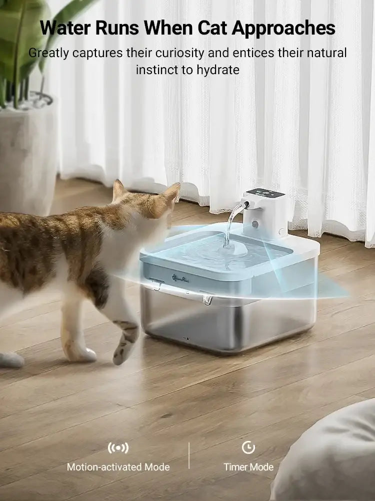 White and transparent motion-activated pet water fountain with sleek modern design and 2.5l capacity water dispenser