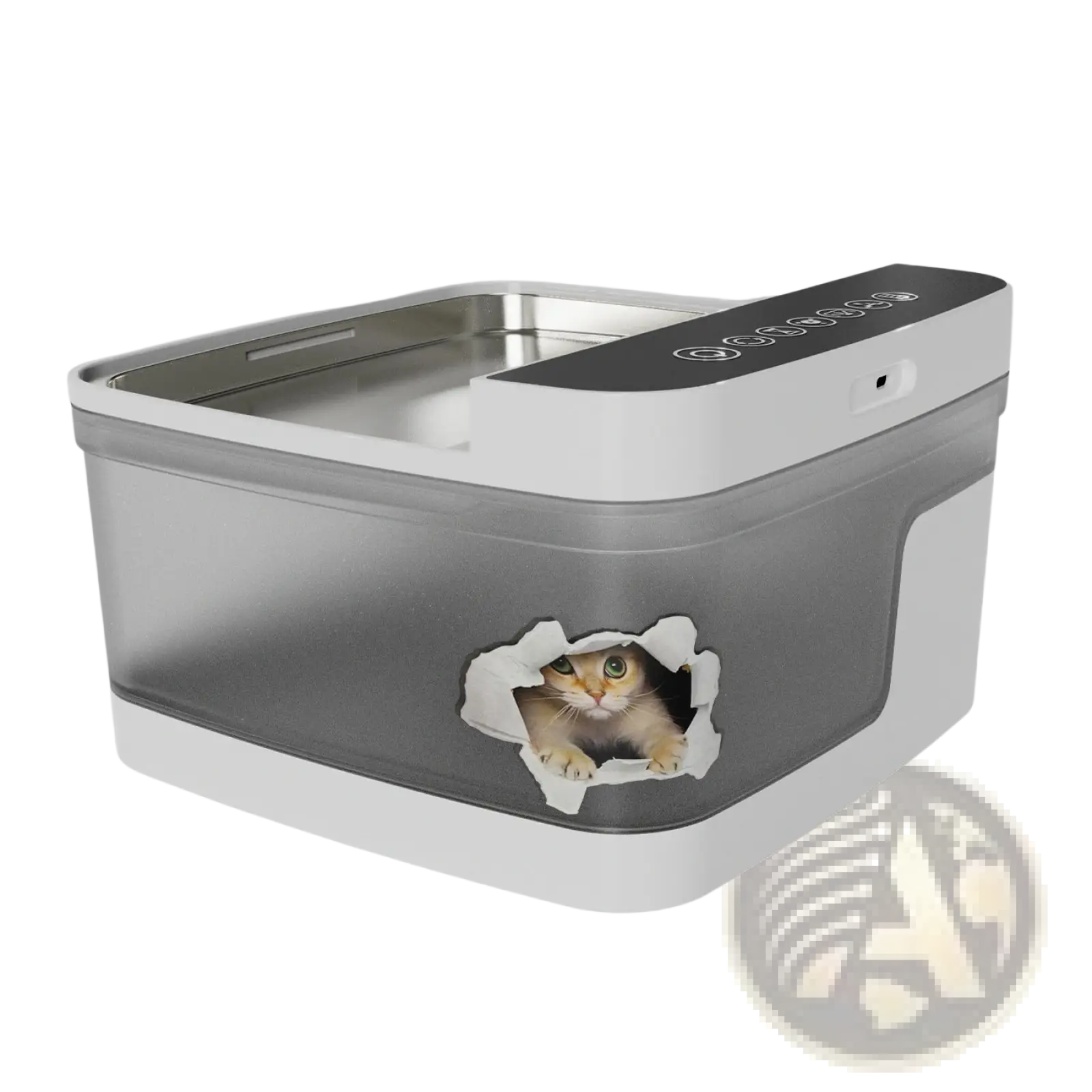 Modern gray and white automated cat litter box with transparent panel and playful kitten cutout for pet water fountain use