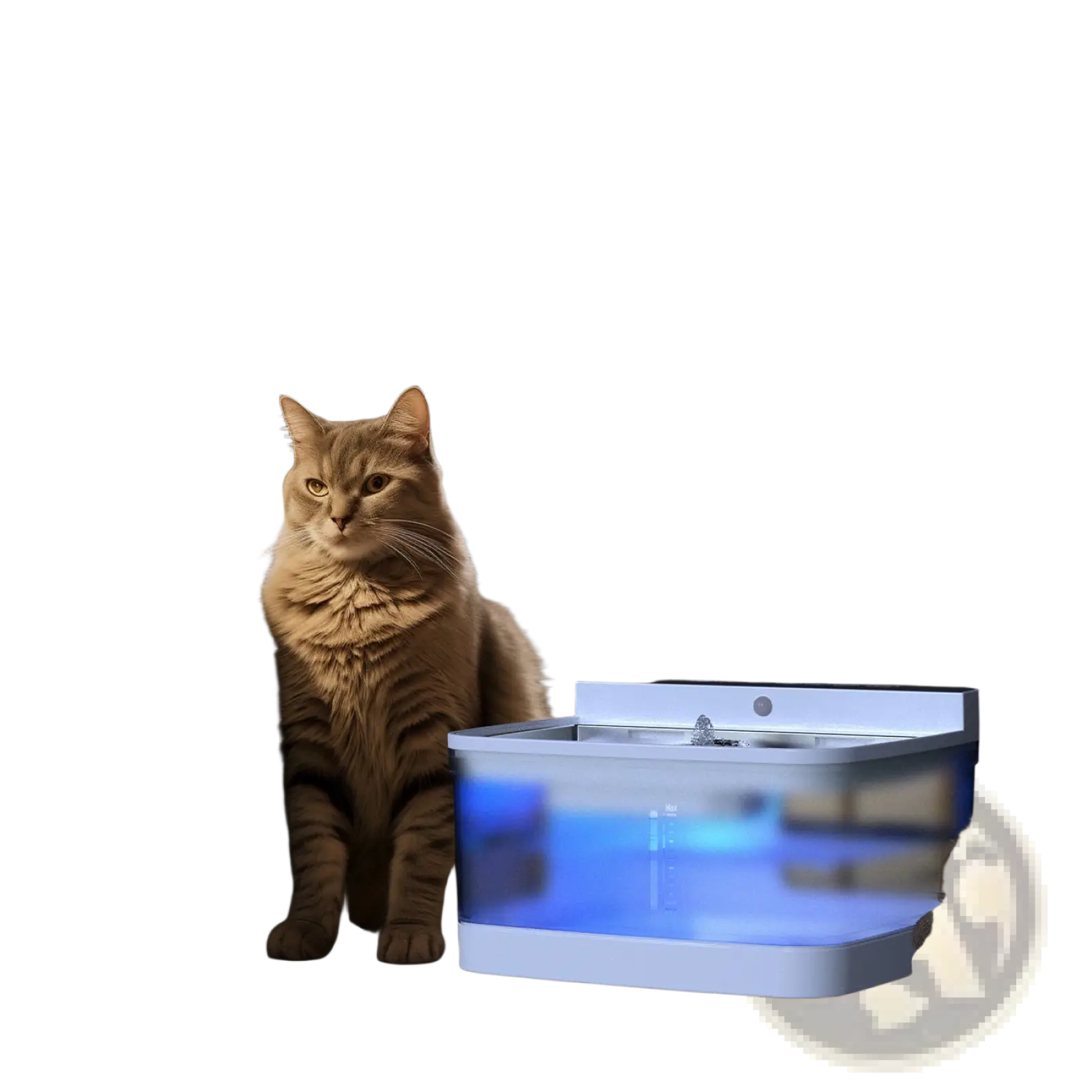 Blue translucent cat water fountain with wireless sensor uv light pump for pet hydration and bright illumination