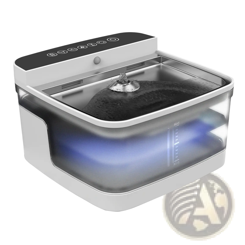 Modern white and black pet water fountain with wireless sensor uv light pump and sleek transparent reservoir