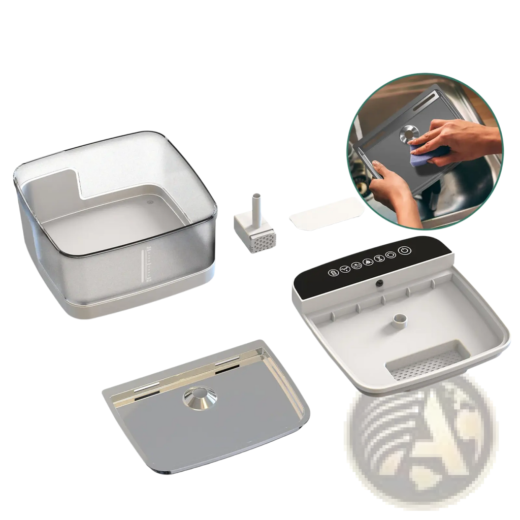 Silver and black detachable kitchen sink accessory with digital control panel for pet water fountain wireless sensor uv light pump