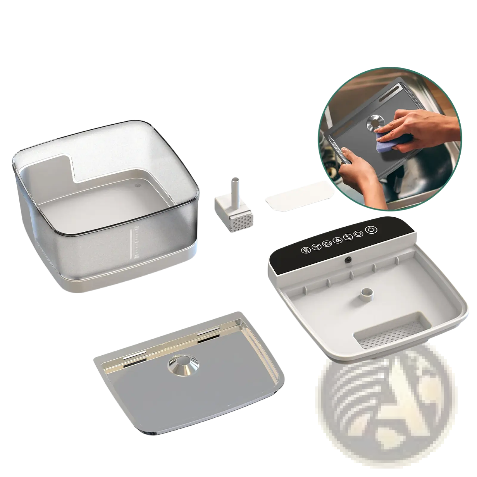 Silver and black detachable kitchen sink accessory with digital control panel for pet water fountain wireless sensor uv light pump