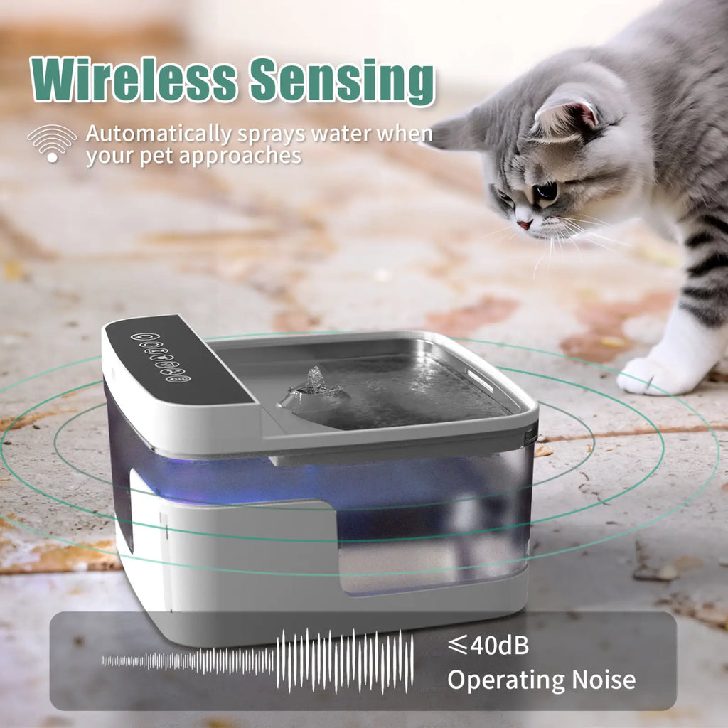 A sleek modern white and transparent pet water fountain with wireless sensor and UV light pump for cats