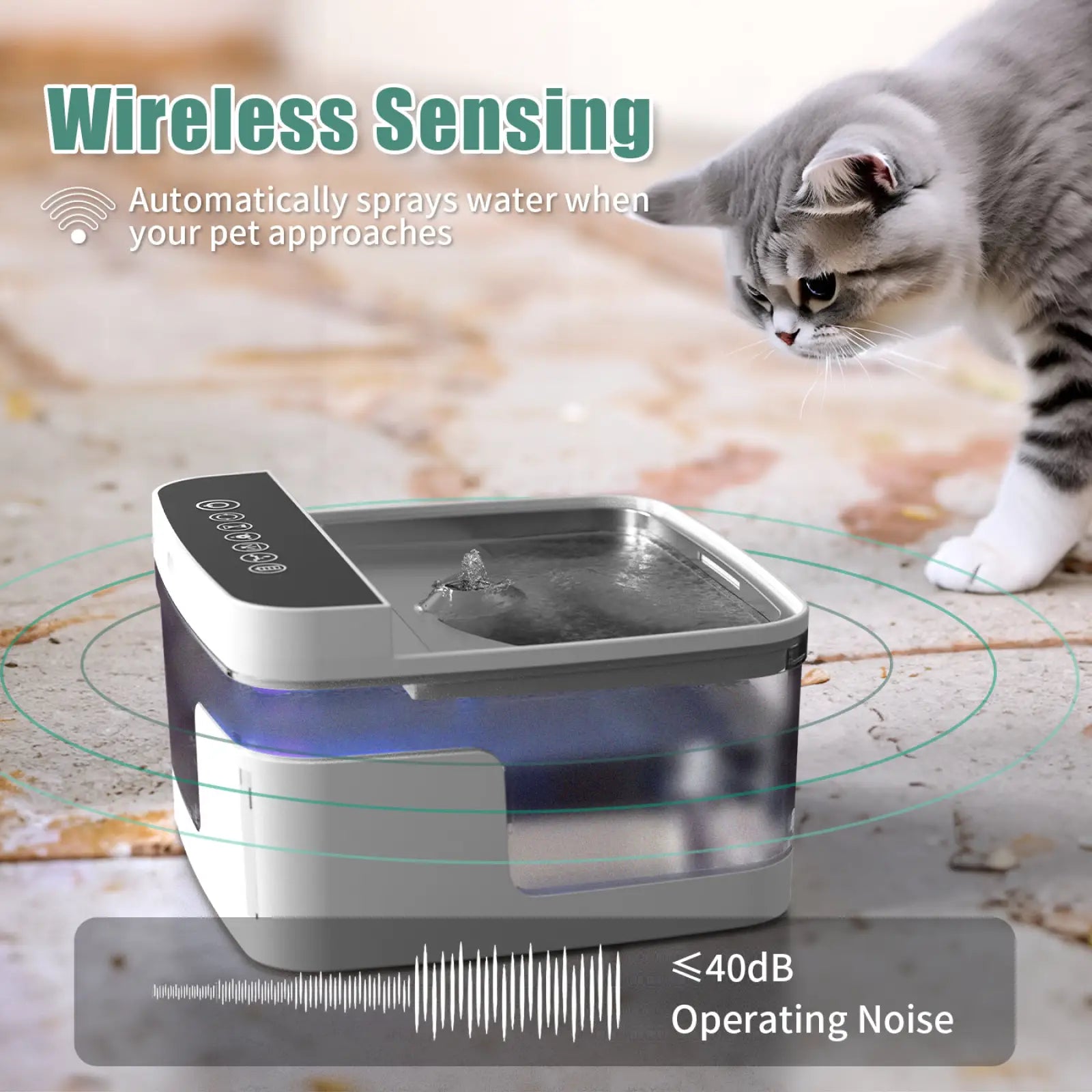 A sleek modern white and transparent pet water fountain with wireless sensor and UV light pump for cats