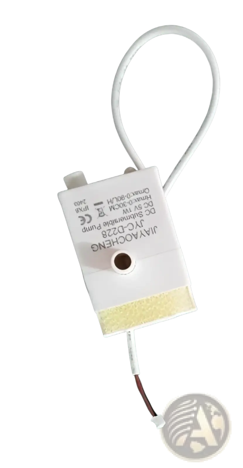 White rectangular dc 24v waterproof pump with coiled white cable and gold terminal strip for pet water fountain uv sensor