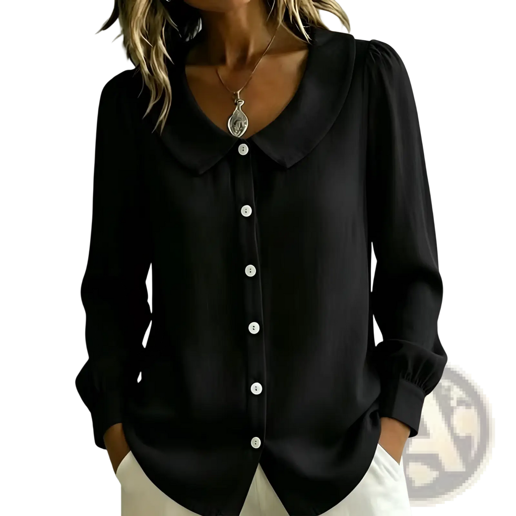 Black satin peter pan collar blouse for women with wide collar and white buttons button down top