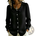 Black satin peter pan collar blouse for women with wide collar and white buttons button down top