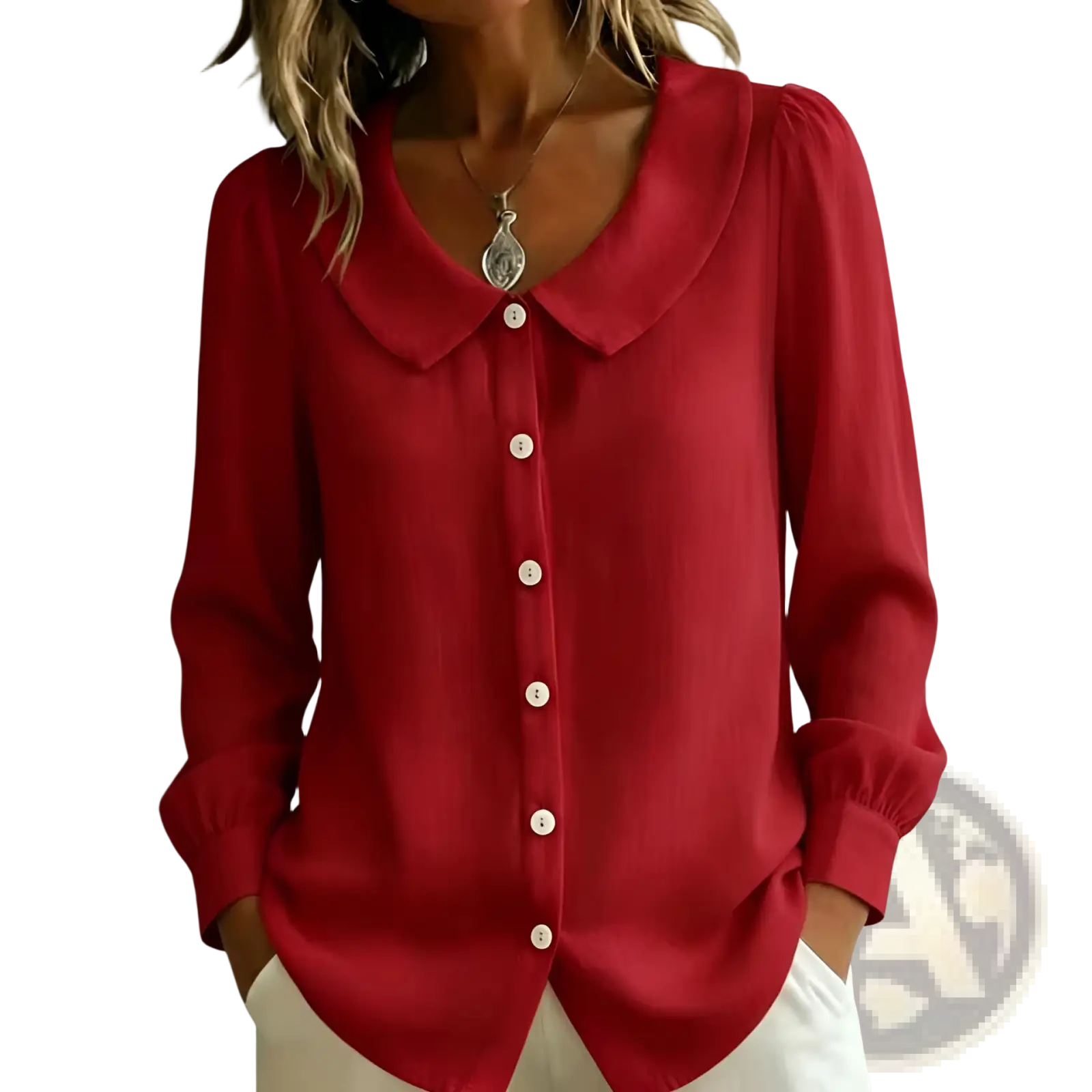A vibrant red peter pan collar blouse with long sleeves and white buttons down the front for women