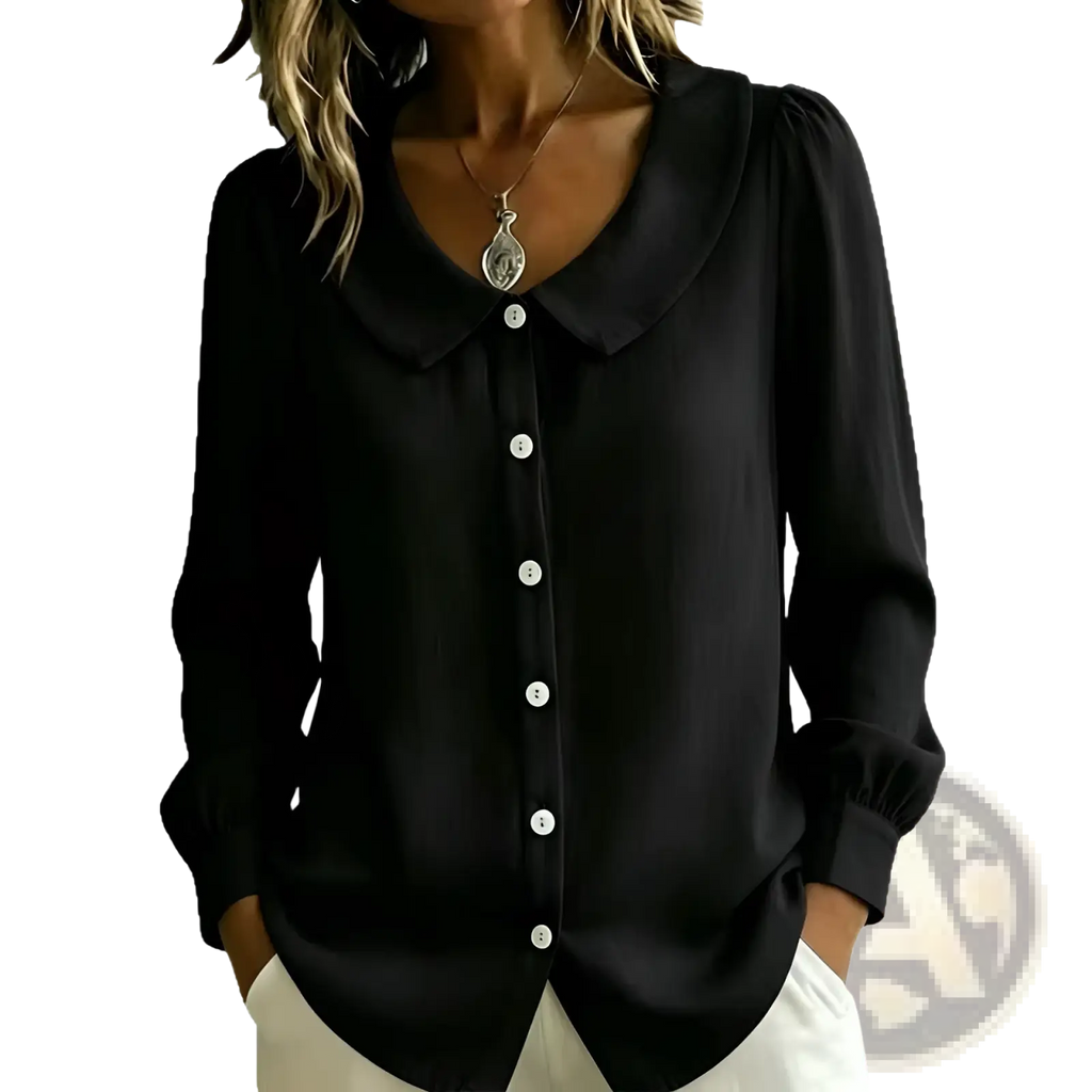 Black peter pan collar blouse for women featuring a wide collar and white buttons in a long-sleeved design