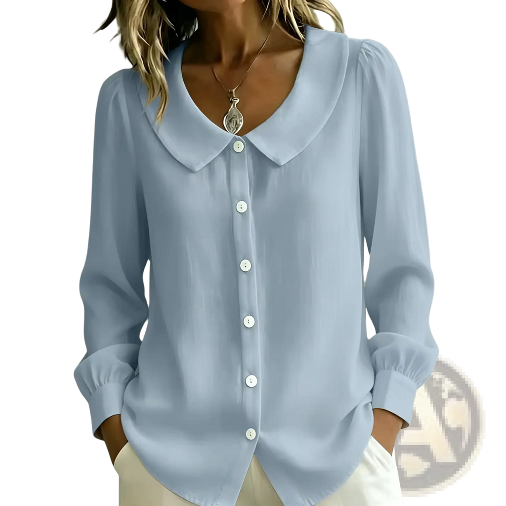 Light blue long-sleeved peter pan collar blouse with white buttons for women button down top