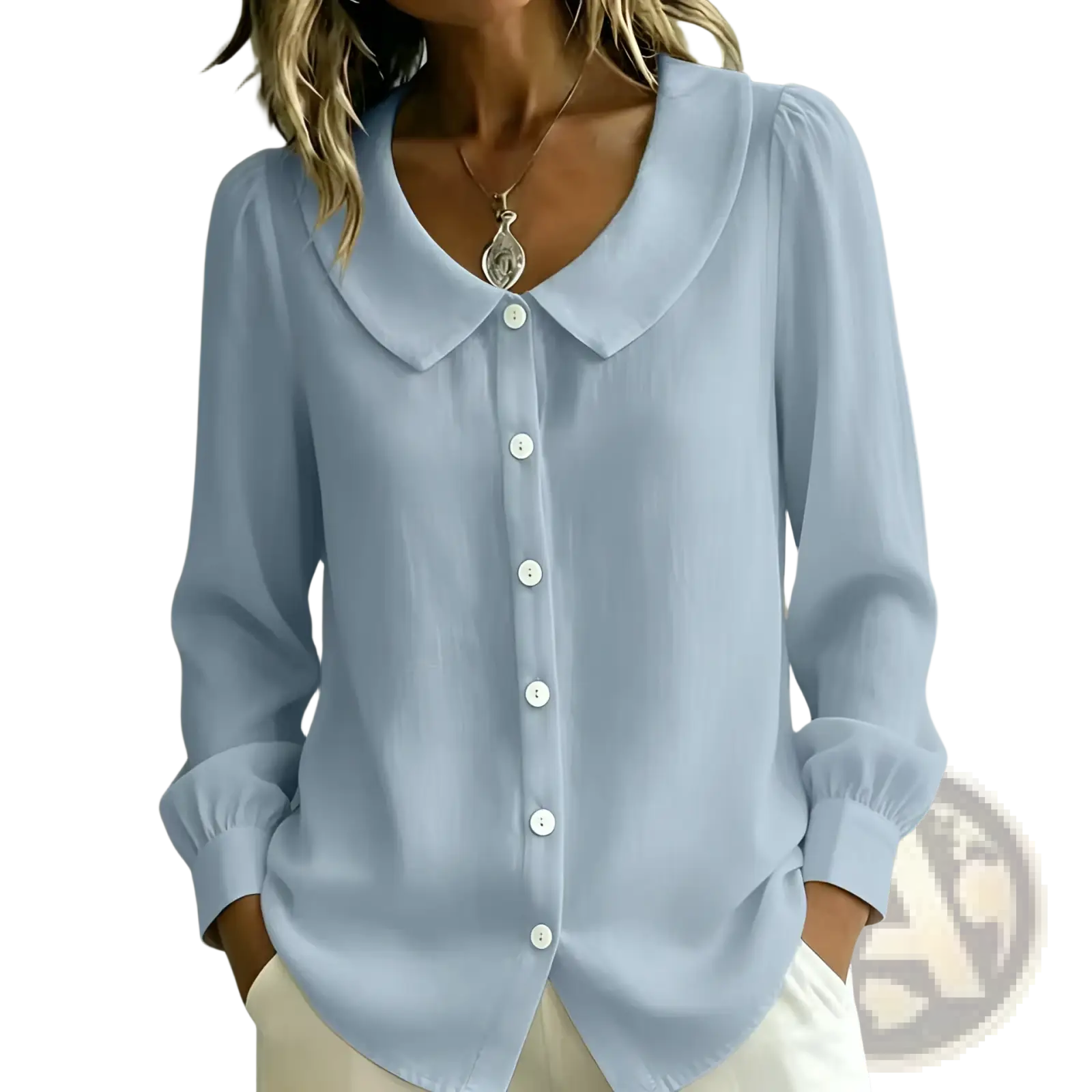 Light blue long-sleeved peter pan collar blouse with white buttons for women button down top