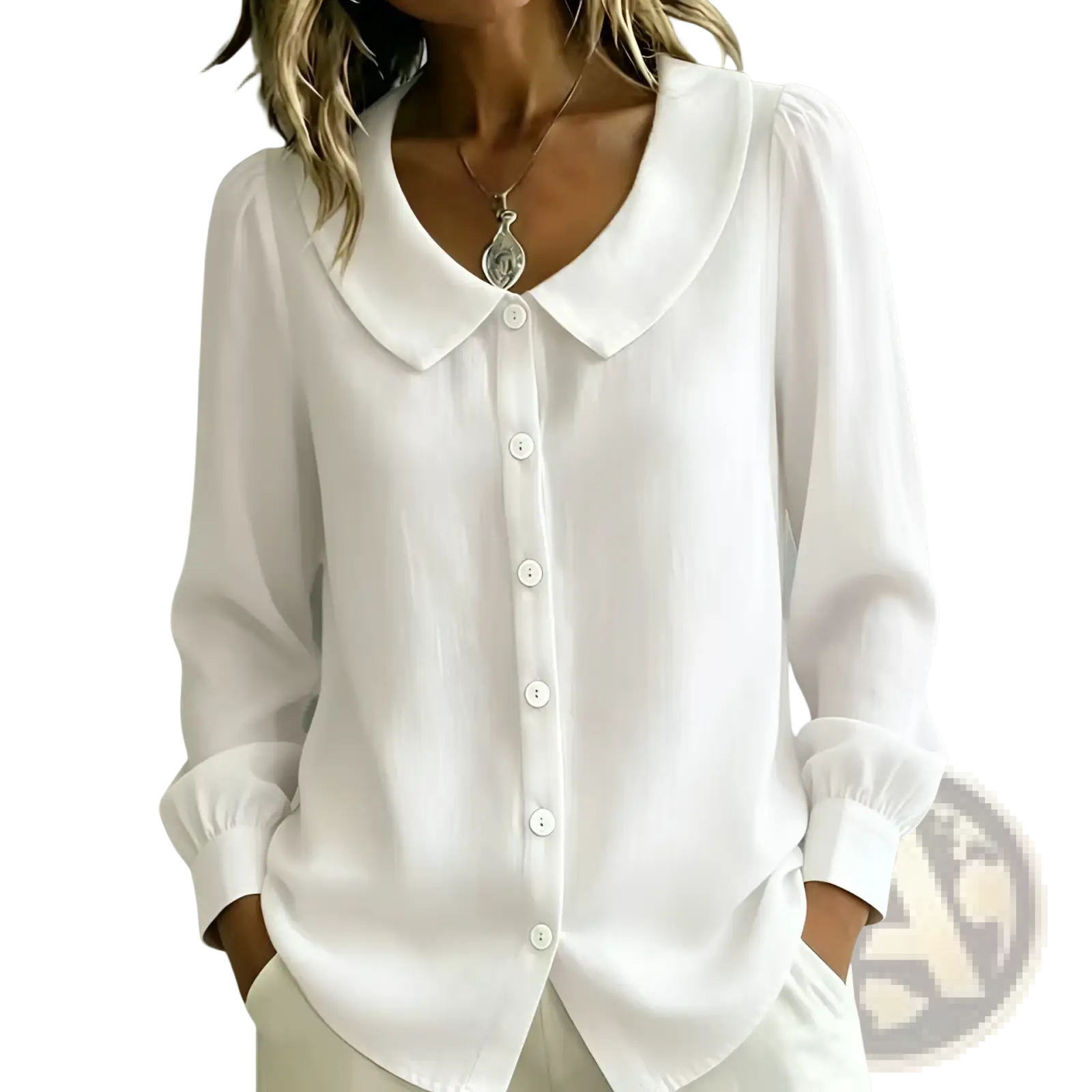 White peter pan collar blouse for women with soft flowing fabric and button down front top design