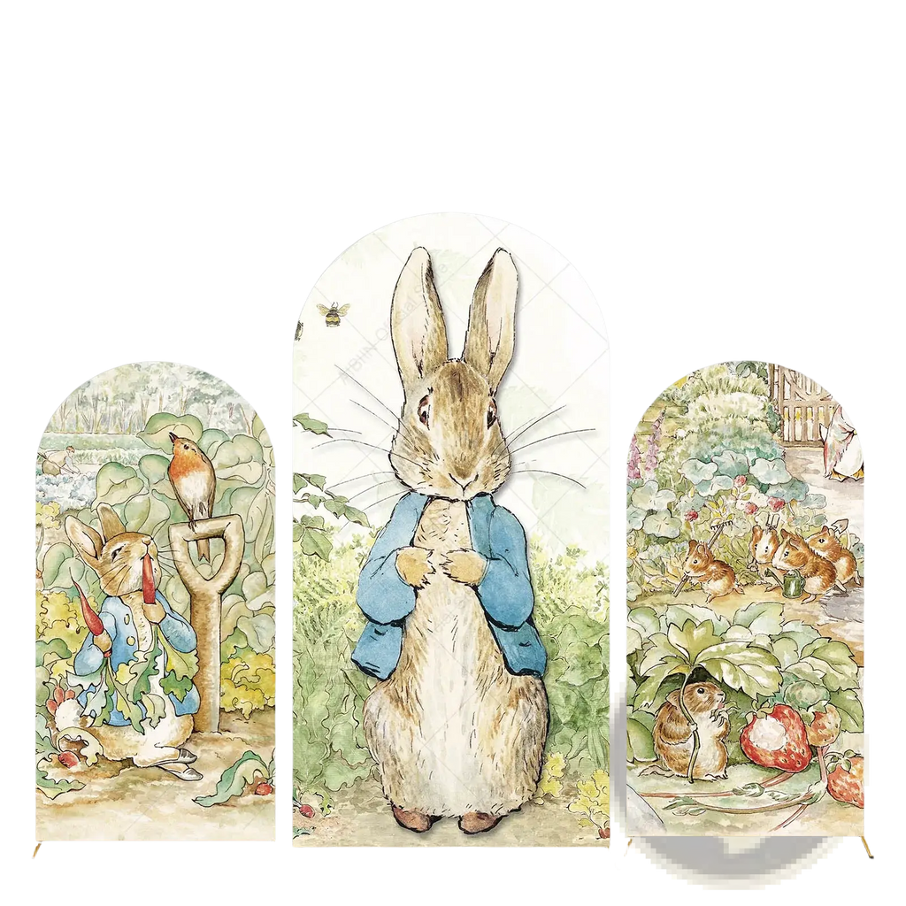 Aibiin arched decorative panel with classic peter rabbit illustration in blue coat for spring garden birthday party backdrop