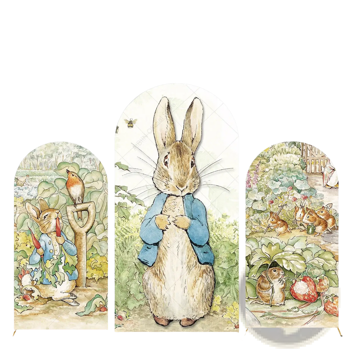 Aibiin arched decorative panel with classic peter rabbit illustration in blue coat for spring garden birthday party backdrop