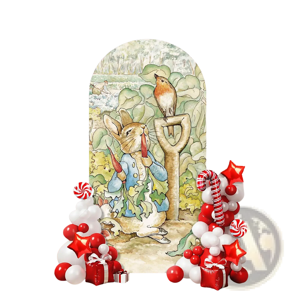 Arched decorative panel featuring peter rabbit in blue coat holding a carrot with robin on shovel handle garden backdrop