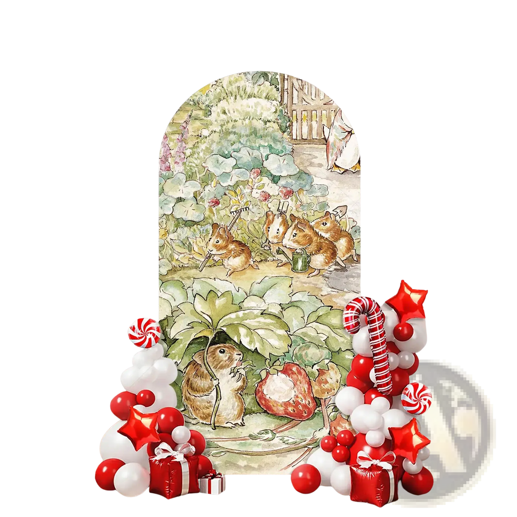Peter Rabbit arch backdrop cover featuring illustrated mice in a lush green garden with strawberries and white flowers for spring birthday parties