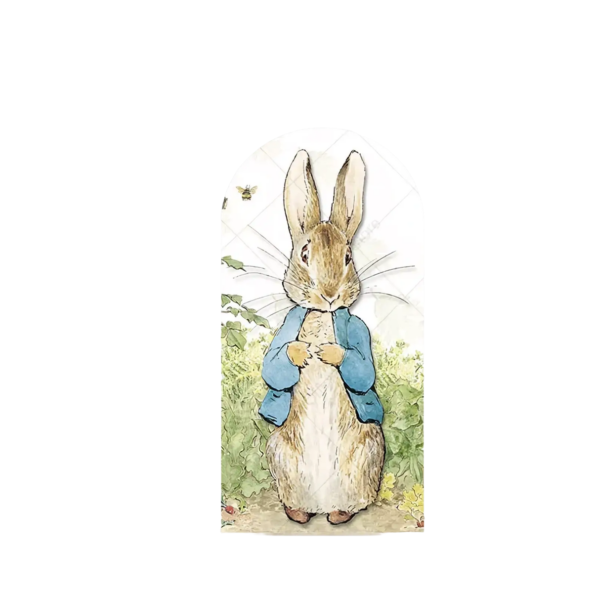 Peter Rabbit arch backdrop cover with classic illustration in soft brown and blue watercolor for spring garden birthday party