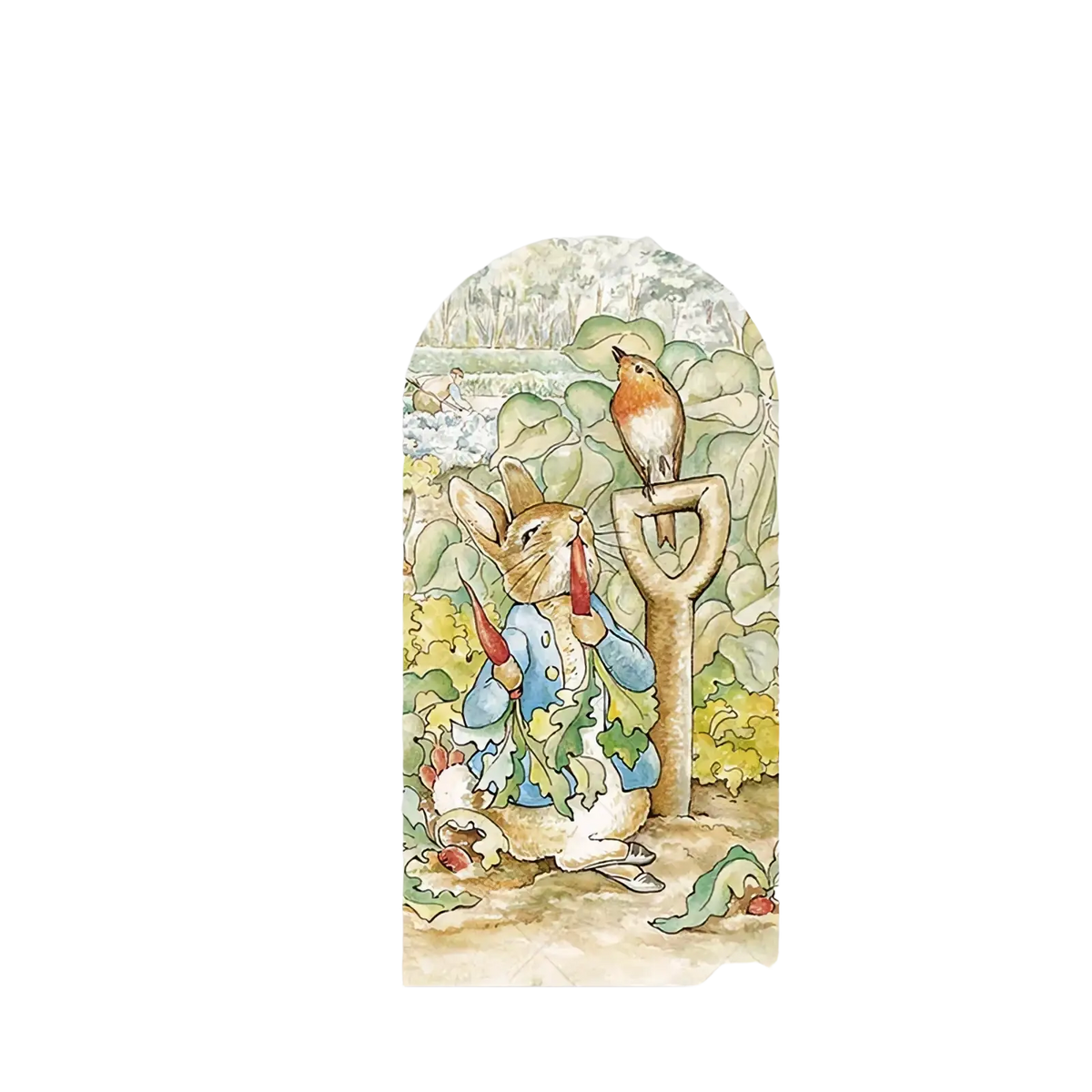 Peter Rabbit arch backdrop cover with watercolor illustration of Peter Rabbit in blue coat holding carrot in spring garden setting