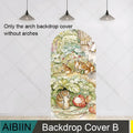 Arched backdrop cover featuring watercolor illustration of anthropomorphic rabbits in a spring garden scene