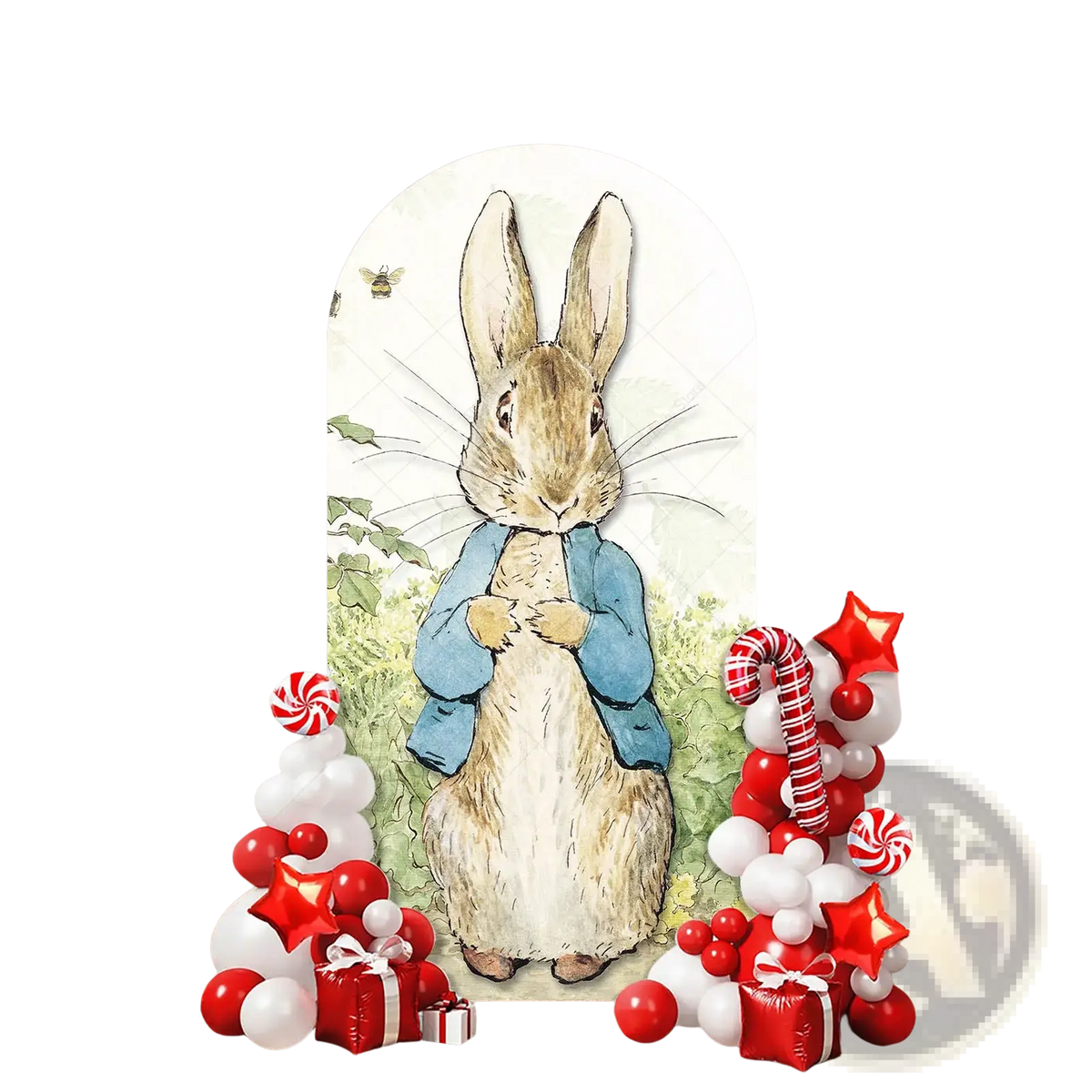 A peter rabbit arch backdrop cover featuring a classic illustration of peter rabbit in blue on a green and white background