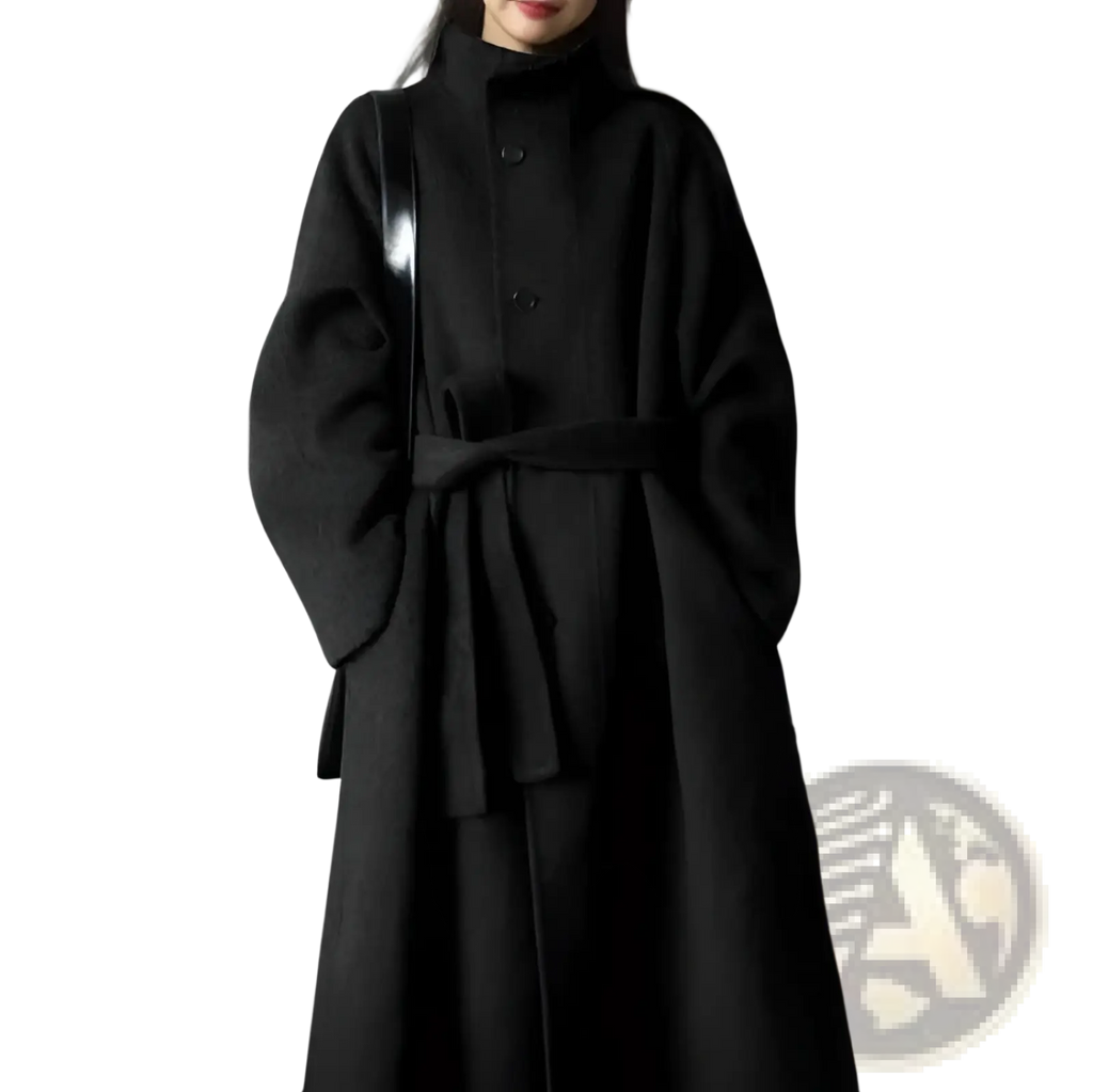 Petite dark gray wool coat with high collar and belted waist in korean midlength style displayed from the back