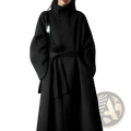 Petite dark gray wool coat with high collar and belted waist in korean midlength style displayed from the back
