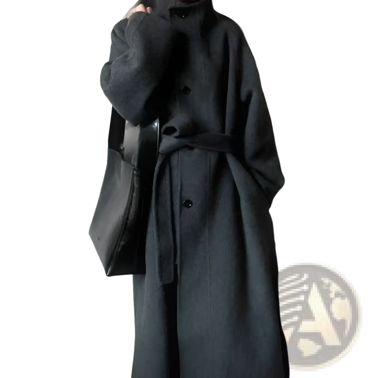 Dark gray petite wool coat with belted waist and buttoned front in Korean midlength style