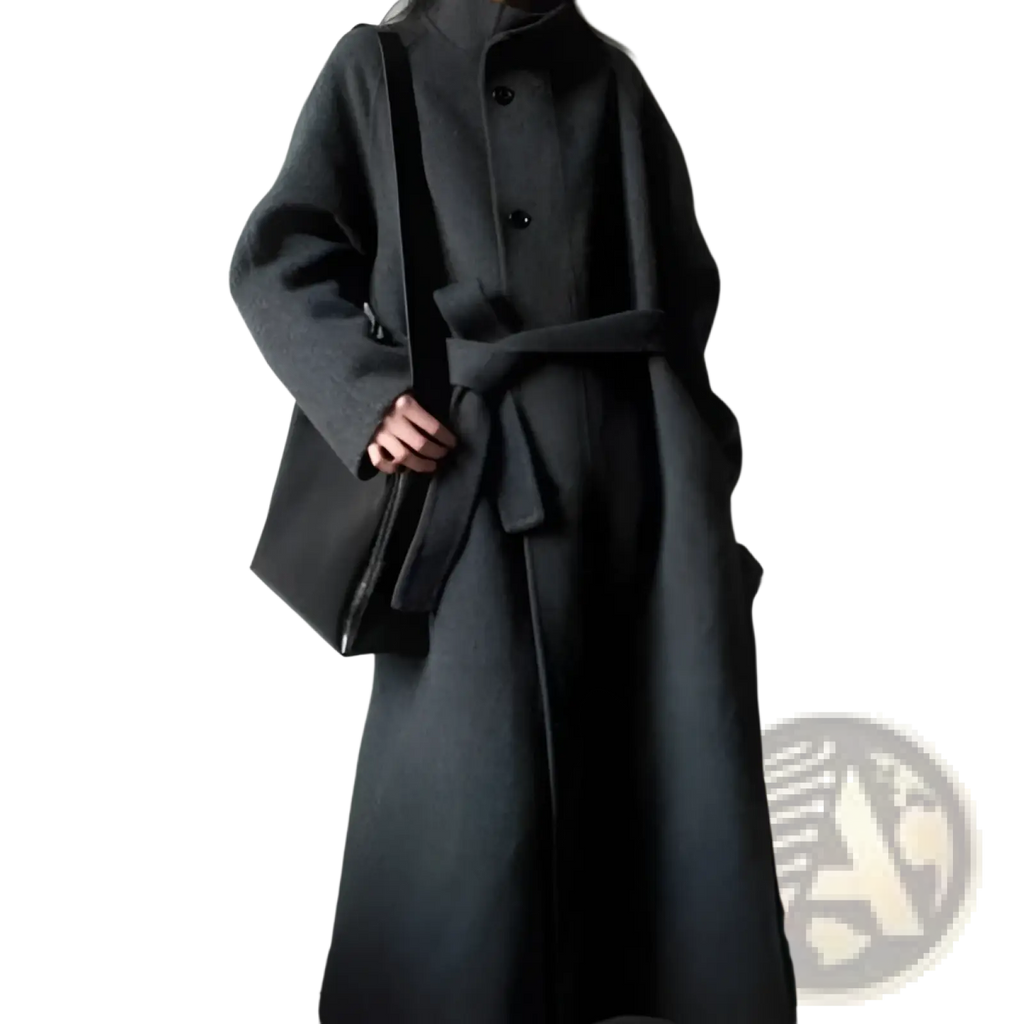 Petite dark gray wool coat with belted waist and buttoned front midlength design in Korean style