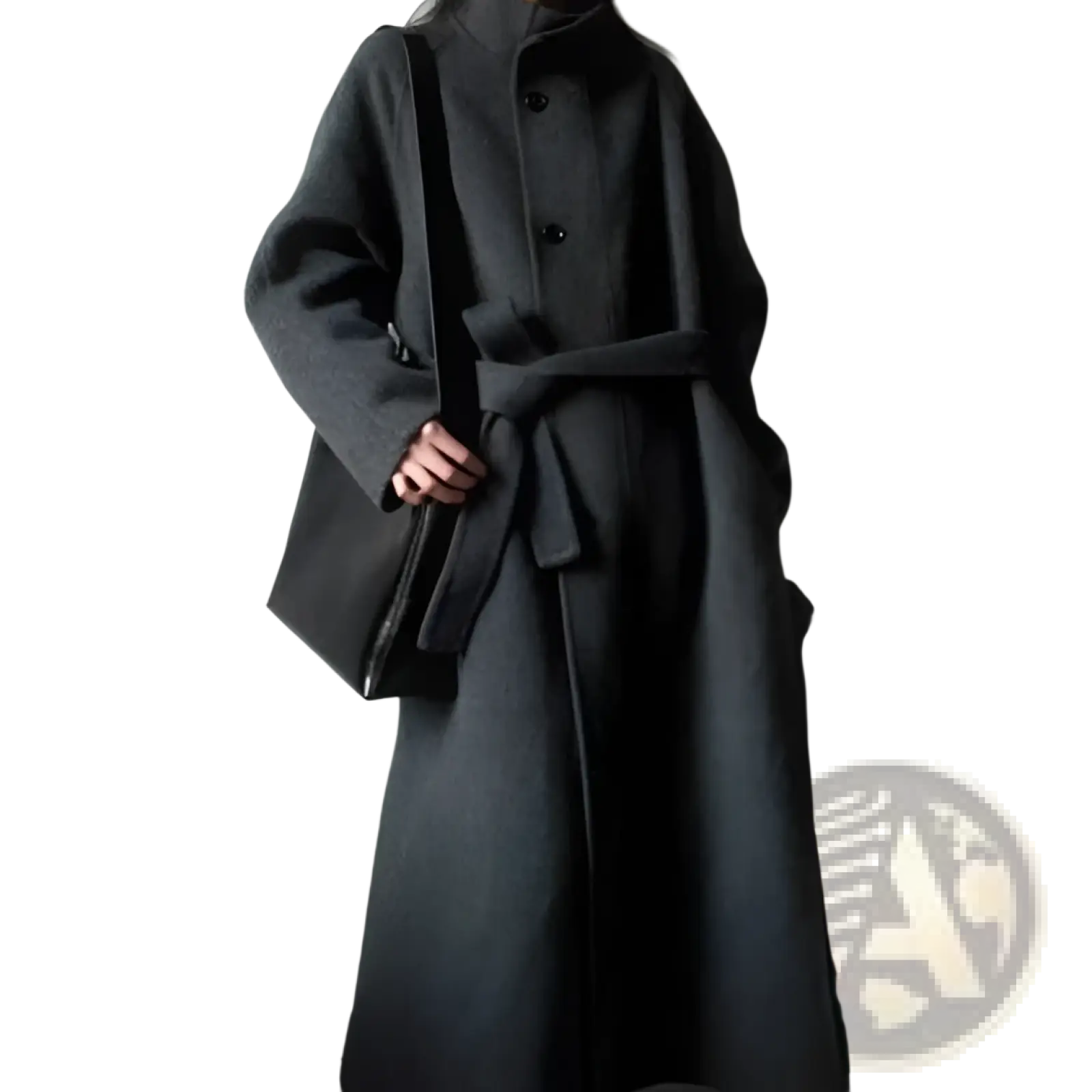 Petite dark gray wool coat with belted waist and buttoned front midlength design in Korean style