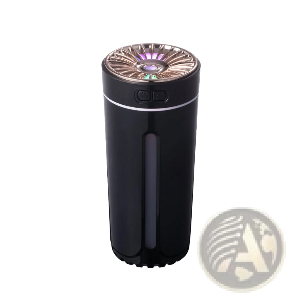Black cylindrical phantom cup humidifier silent USB air diffuser with rose gold top and illuminated purple green lights