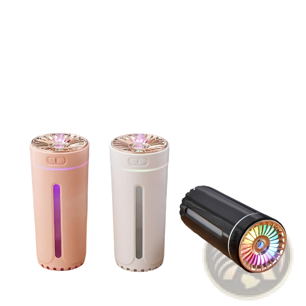 Phantom cup humidifier silent usb air diffuser pink and white cylindrical models with rose gold tops and black led model emitting mist