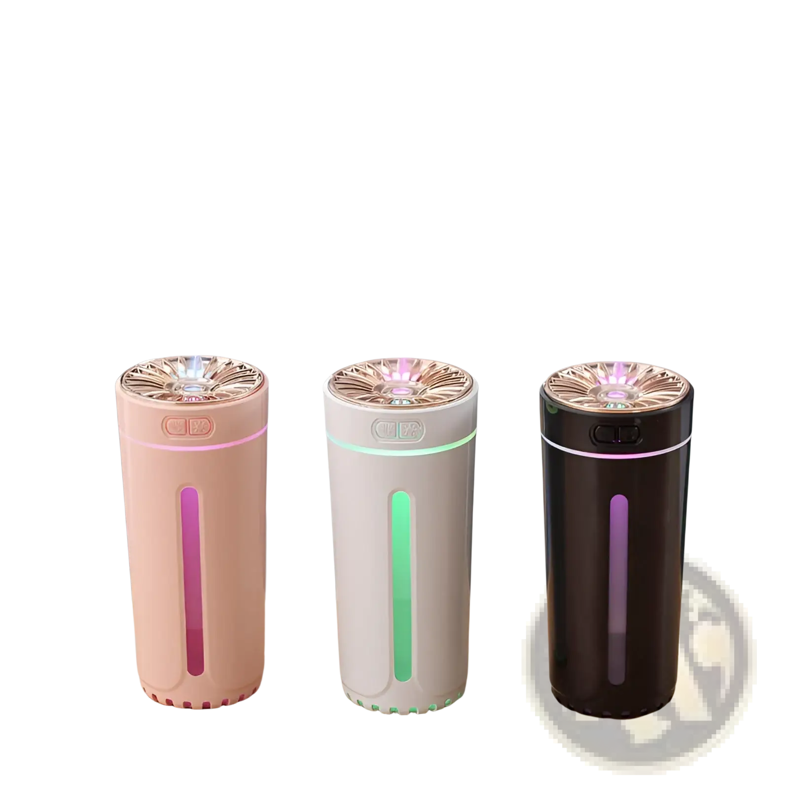 Phantom cup humidifier silent USB air diffuser in pastel pink white and dark brown with rose gold tops emitting mist
